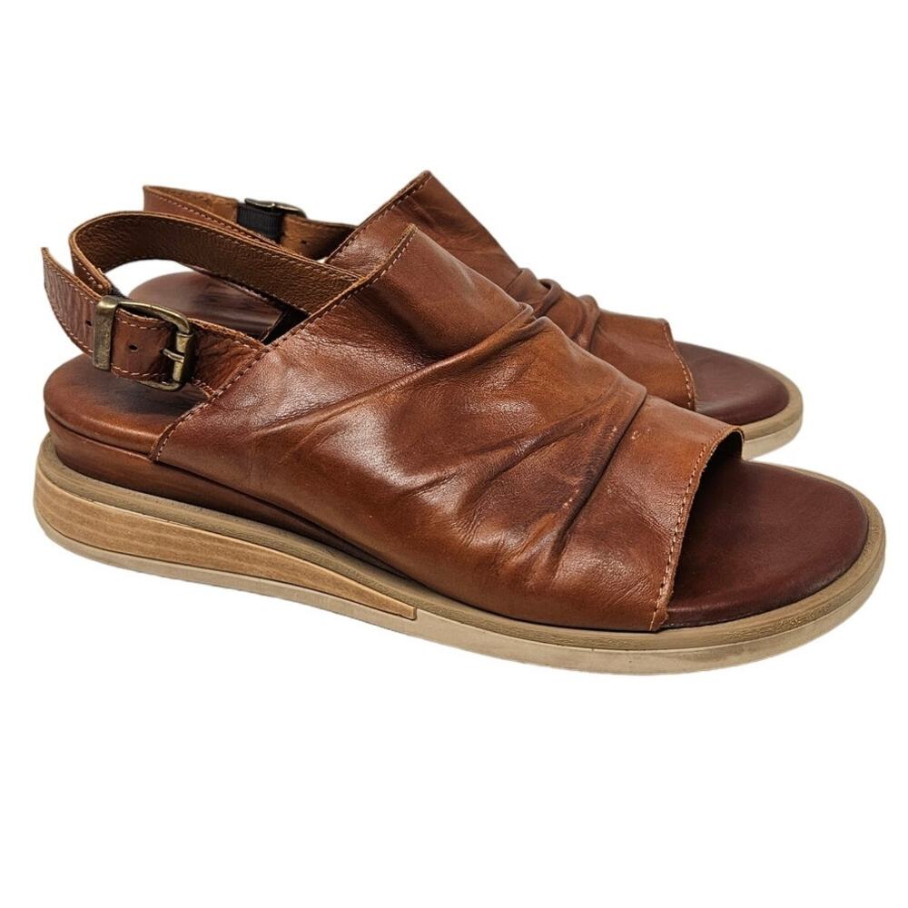 Miz Mooz Cognac Leather Ruched Open-Toe Slingback Sandals
